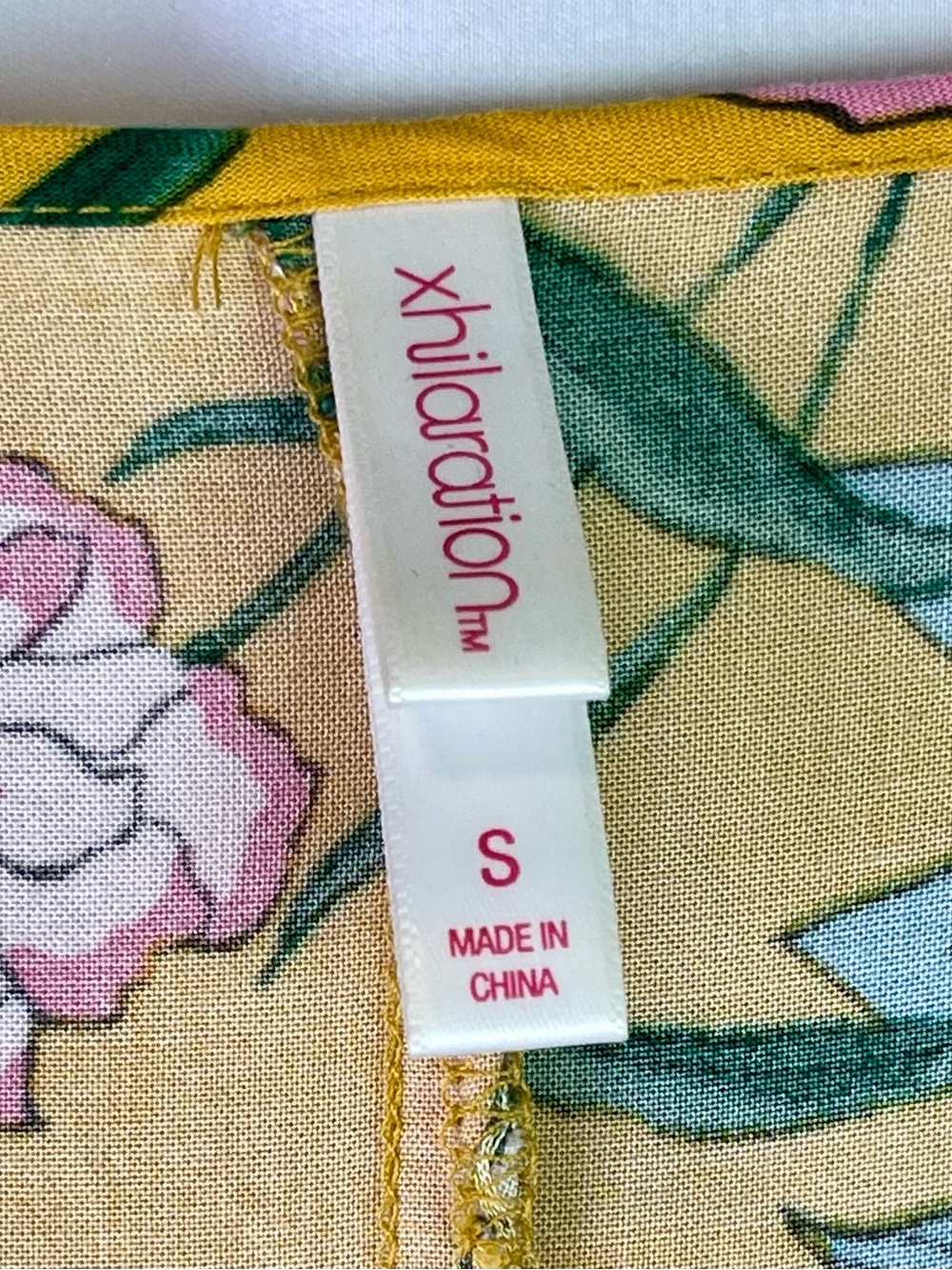 Xhilaration Yellow Boho Mini Dress with Pink Flowers & Cranes Size Small - Picture 7 of 15
